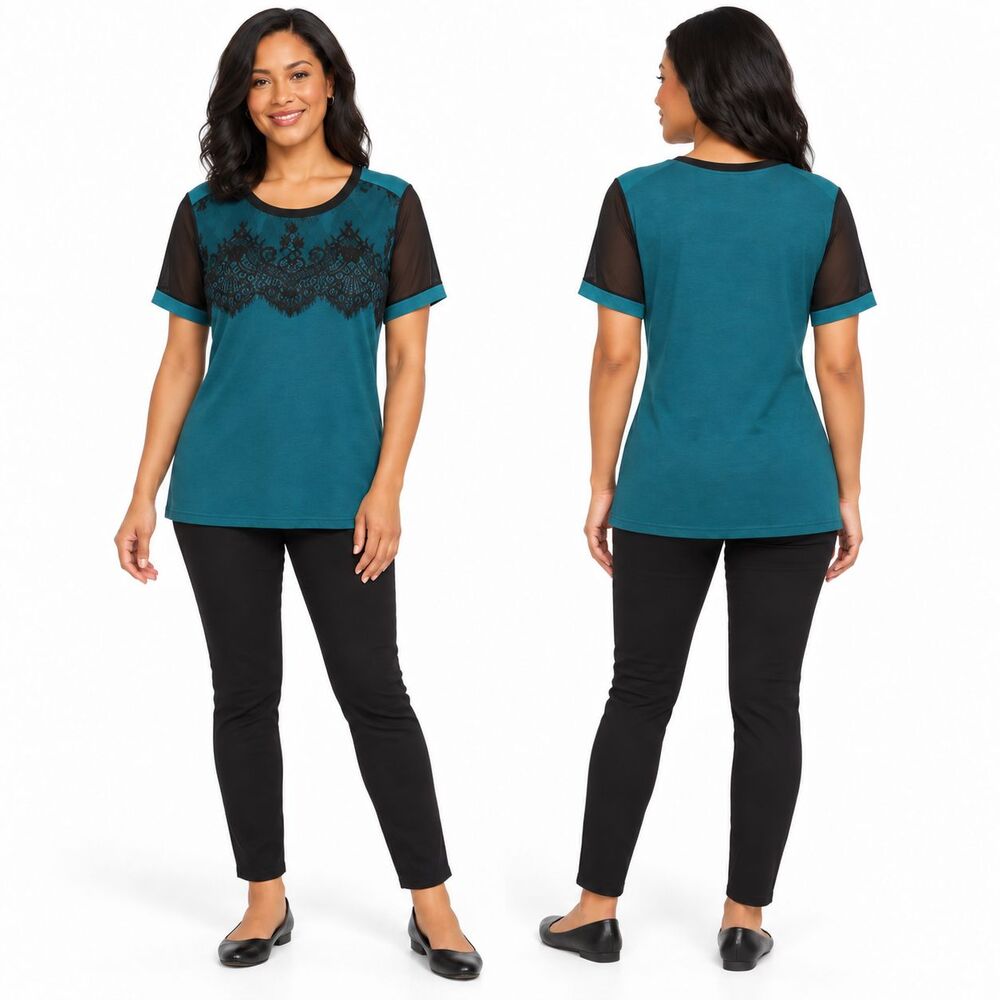 BloomChic Women's Casual Teal Black Lace Tunic Top Size 12 Sheer Sleeves NWT